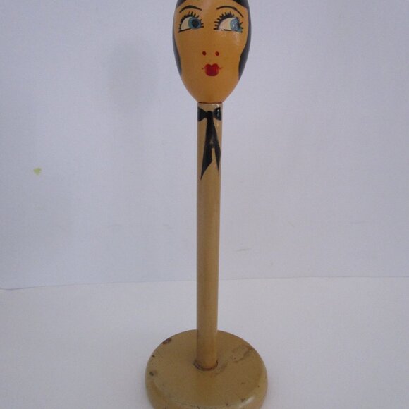 Egg Head Flapper Wooden Hat Stand Painted Blue Eyes Lathe Turned Millinery Decor main image 12